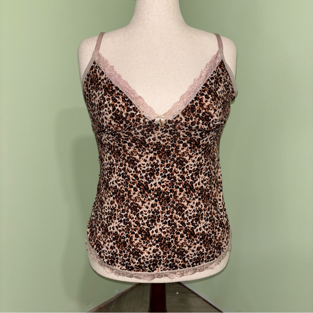 Tracy Lace Trim V-Neck Camisole Leopard Print Bow Fairy Y2K Women’s Sz L